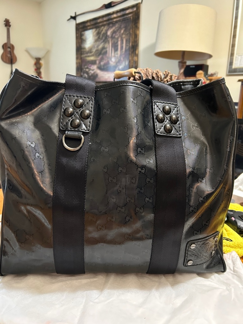 Gucci Black GG Imprime Tote Bag with Stud Detailing